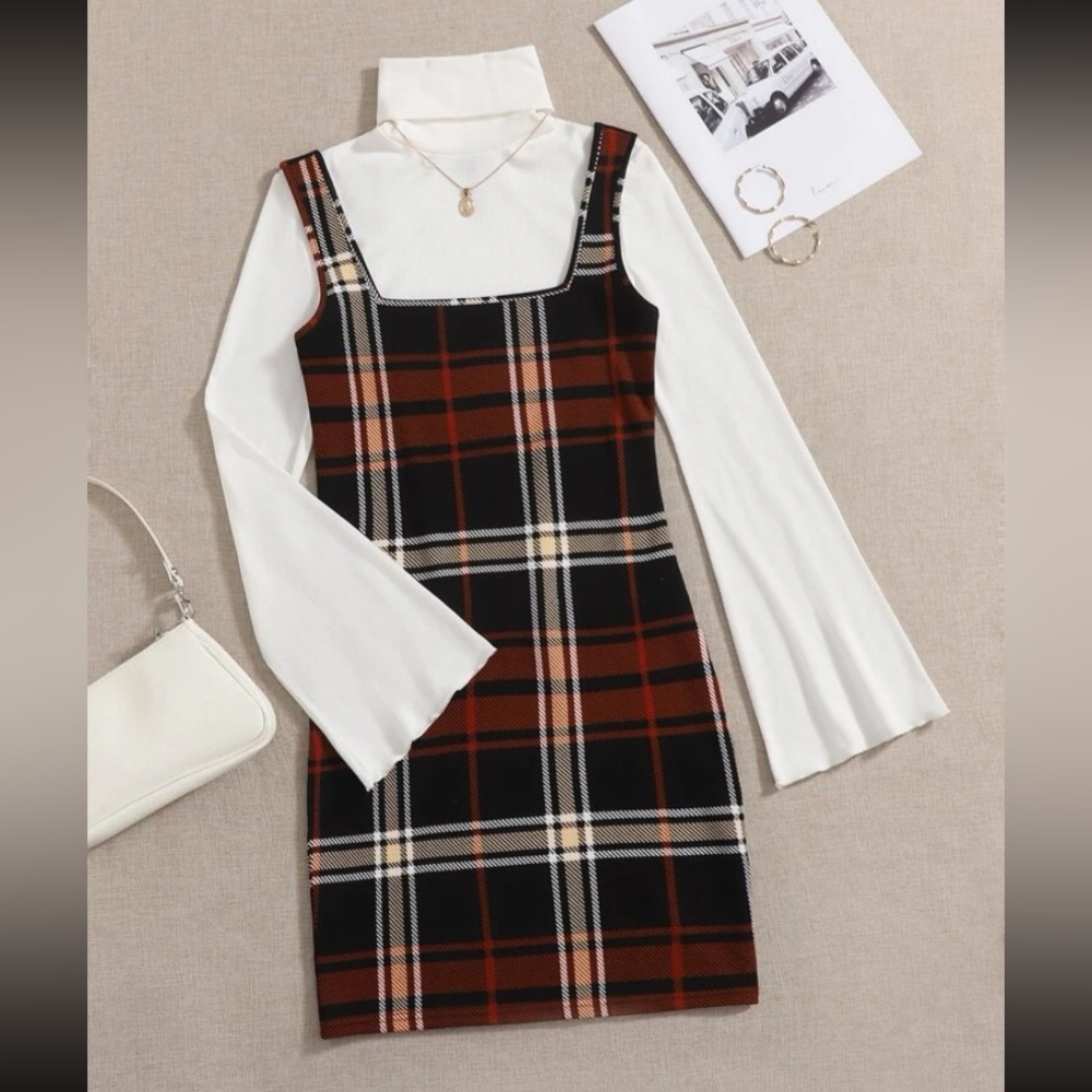 Plaid Pinafore Dress with White Turtleneck